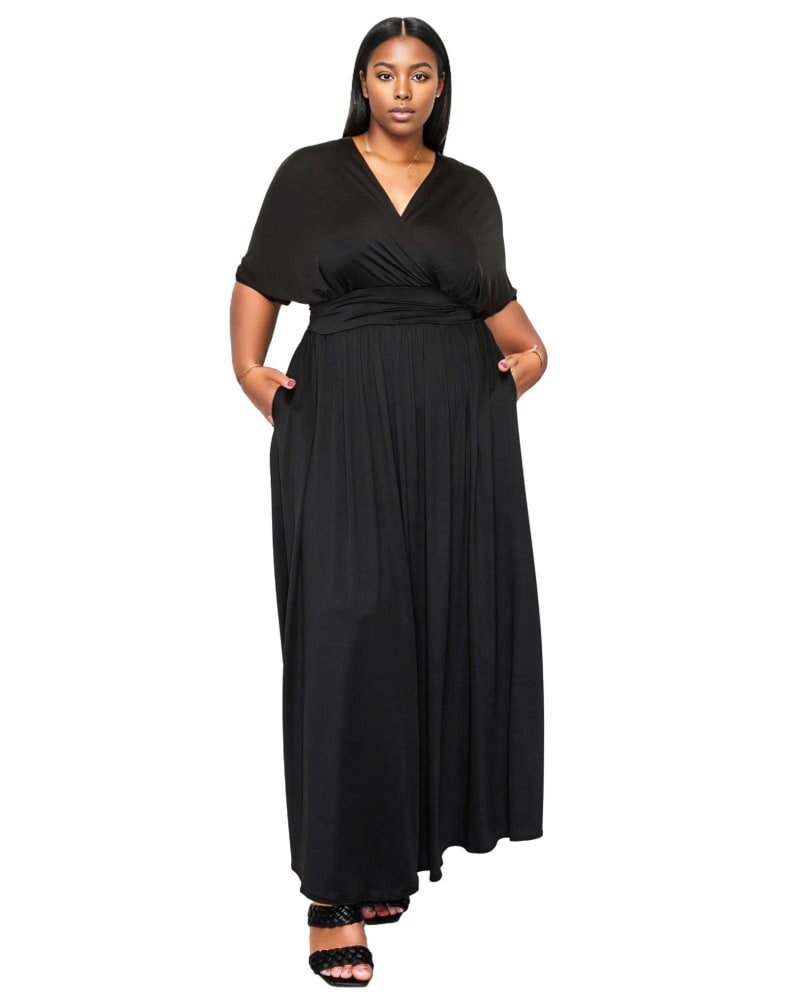 Front of a model wearing a size 2X Raffi Pocket Empire Waist Maxi Dress in Black by L I V D. | dia_product_style_image_id:375459